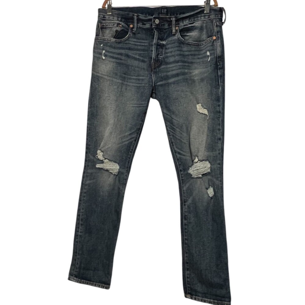 Gap 1969 Straight Jeans Womens 33  Blue Distresses Denim Button Fly 5 Pocket